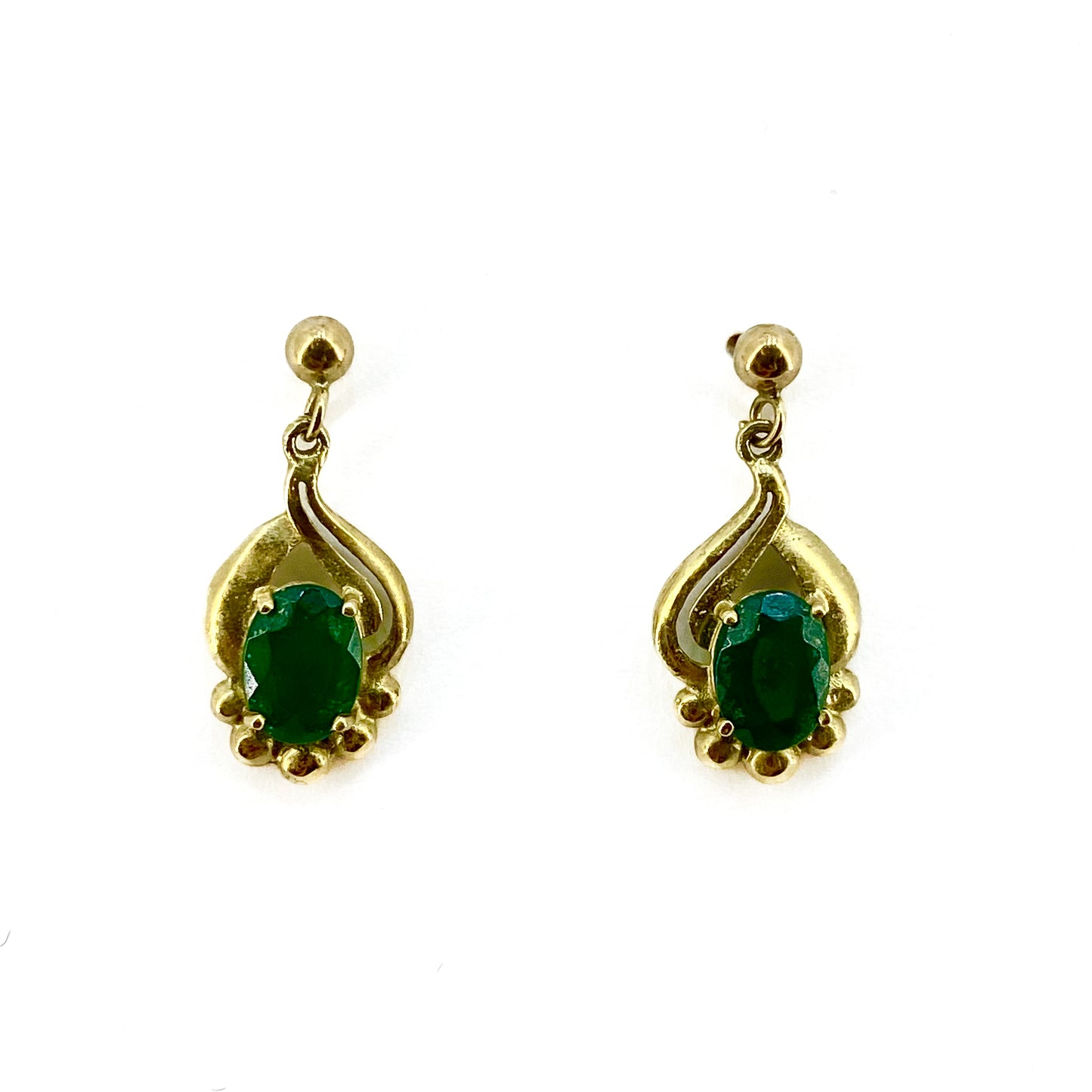9ct Yellow Gold Emerald Set Drop Earrings Pre Loved