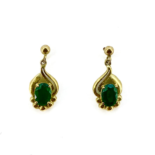 9ct Yellow Gold Emerald Set Drop Earrings Pre Loved