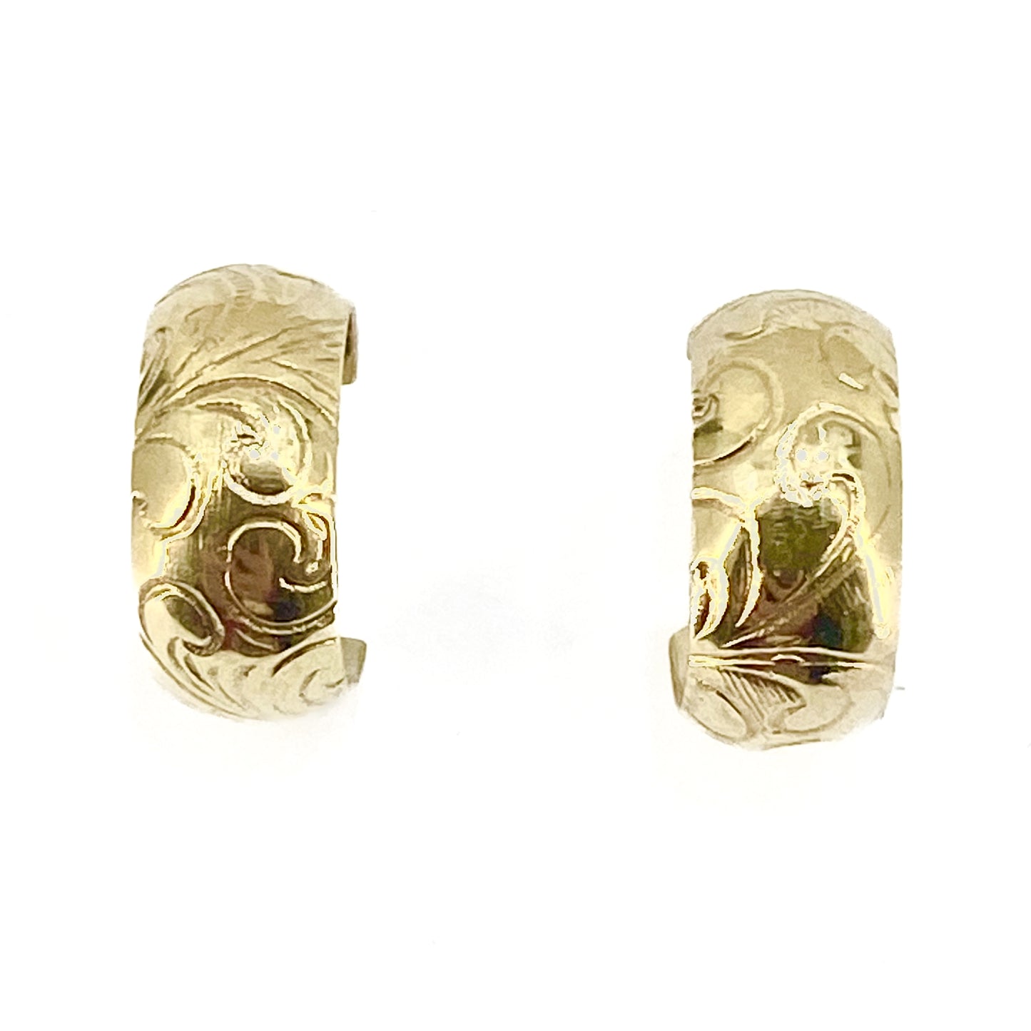 9ct Yellow Gold Patterned Half Hoop Stud Earrings Pre Loved