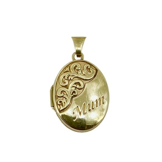 9ct Yellow Gold Oval Locket Engraved With “Mum” Pre Loved