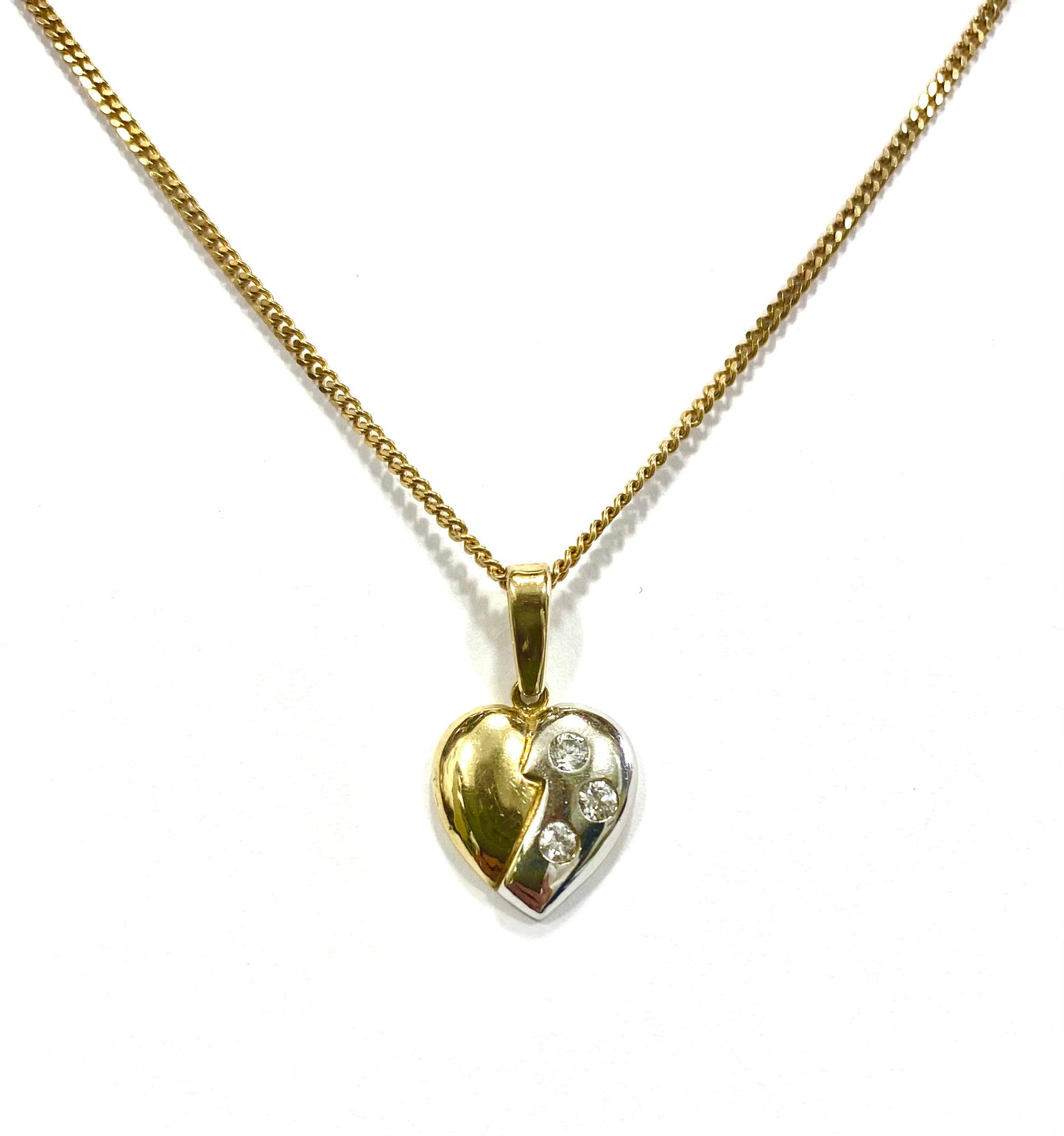 9ct Gold 2 tone Stone Set Heart Pendant on Chain Pre-loved
