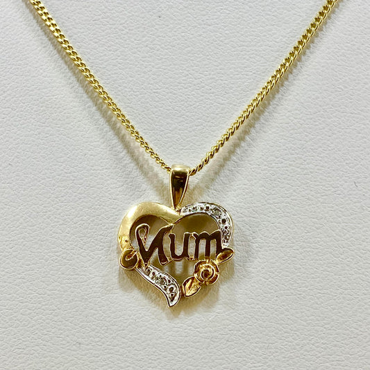 9ct Yellow Gold stone set  MUM heart pendant Pre Loved