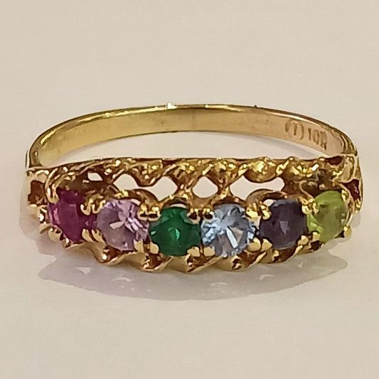 10ct Yellow Gold 6 Multi-Coloured Stones Set Ring  - Pre Loved