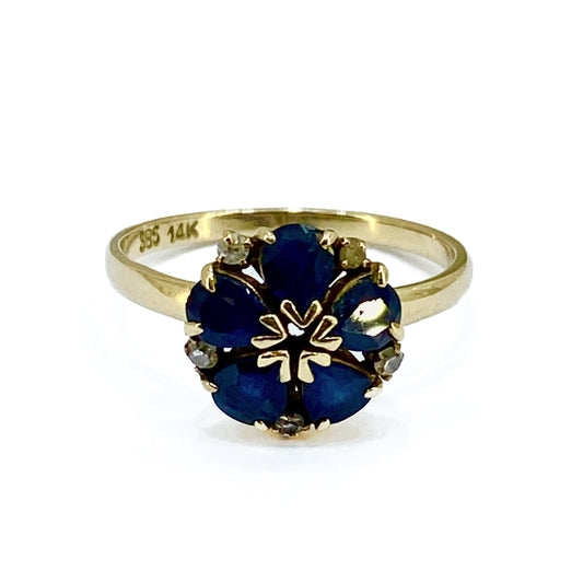 14ct Yellow Gold Sapphires and Diamonds Cluster Ring Pre Loved