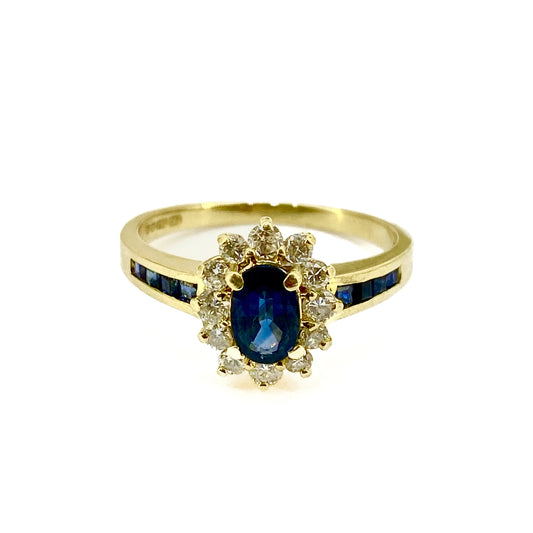 18ct Yellow Gold Sapphire & Diamond Cluster Ring Pre Loved