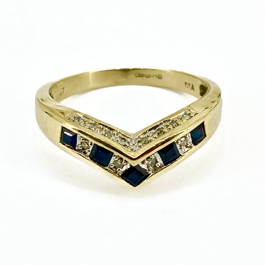 9ct Yellow Gold Sapphires and Diamonds Shaped Eternity Ring Pre Loved