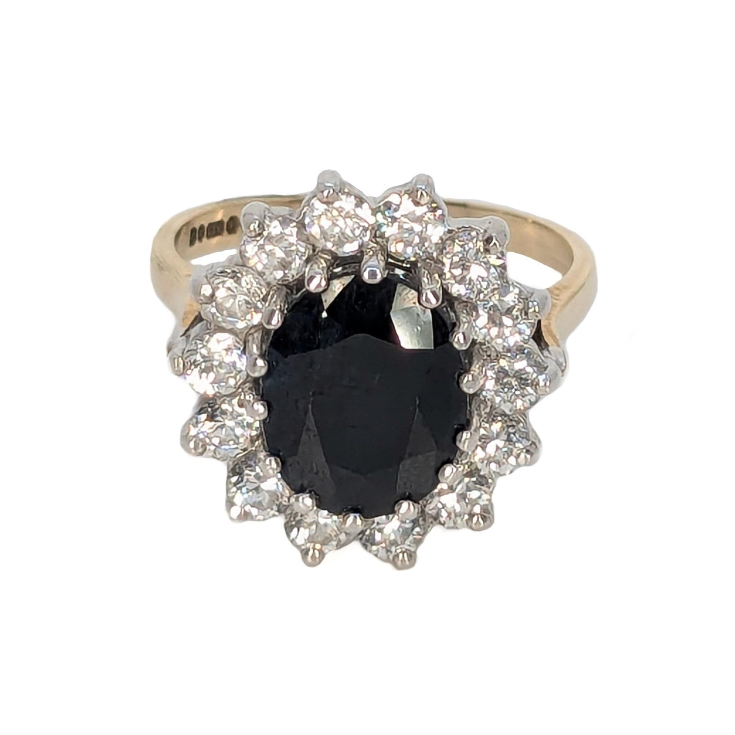 9ct Yellow Gold CZ and Sapphire Cluster Ring Pre Loved