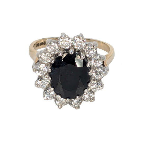 9ct Yellow Gold CZ and Sapphire Cluster Ring Pre Loved