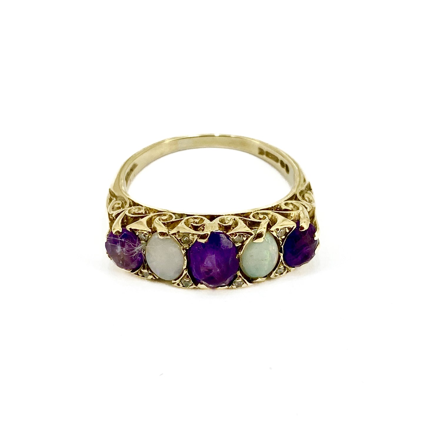 9ct Yellow Gold Amethysts and Opals Set Ring Pre Loved