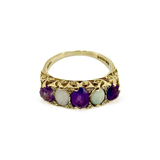 9ct White Gold Amethysts and Opals Set Ring Pre Loved