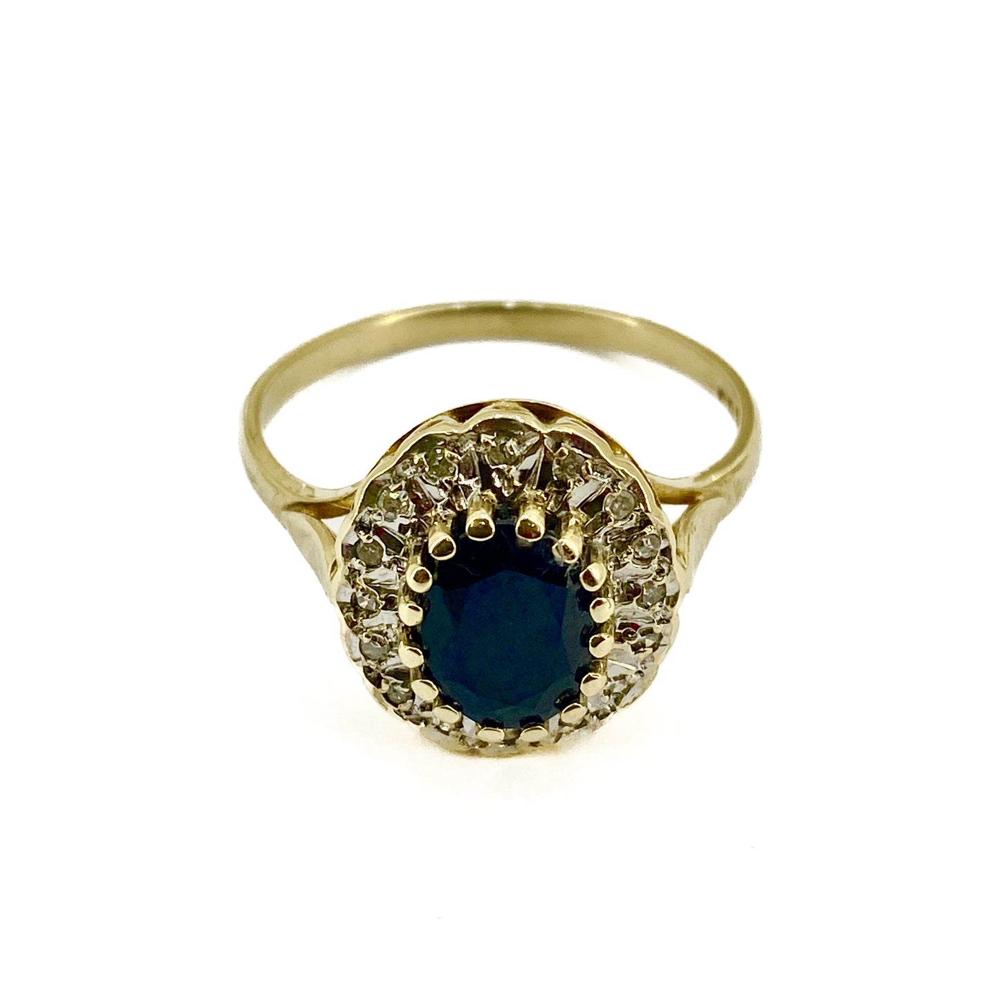 9ct Yellow Gold Sapphire and Diamond Cluster Ring Pre Loved
