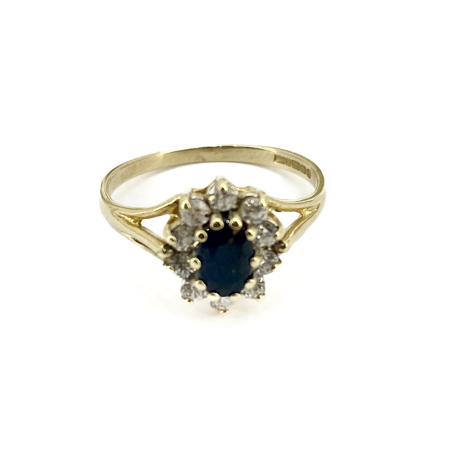 9ct Yellow Gold Sapphire and CZs Set Cluster Ring Pre Loved
