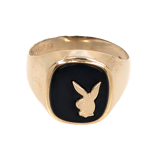 9ct Yellow Gold "Playboy" Onyx Signet Ring Pre Loved