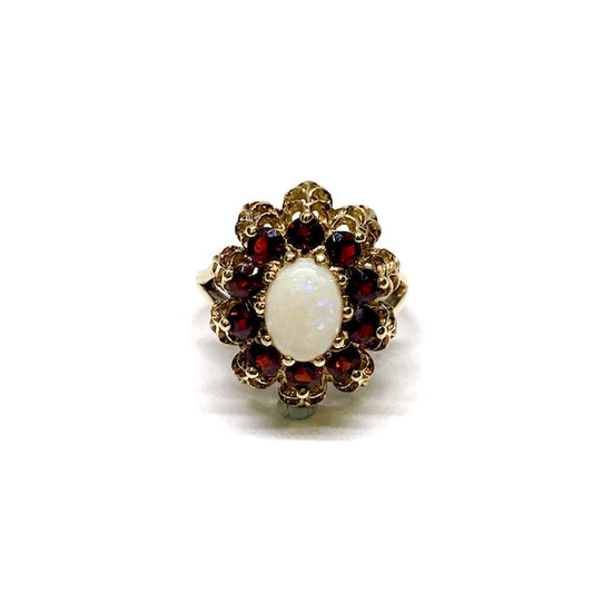 9ct Yellow Gold Opal and Garnet Cluster Preloved Ring