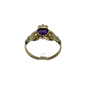 9ct Yellow Gold Amethyst Set Claddagh Ring Pre-Loved