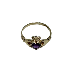9ct Yellow Gold Amethyst Set Claddagh Ring Pre-Loved