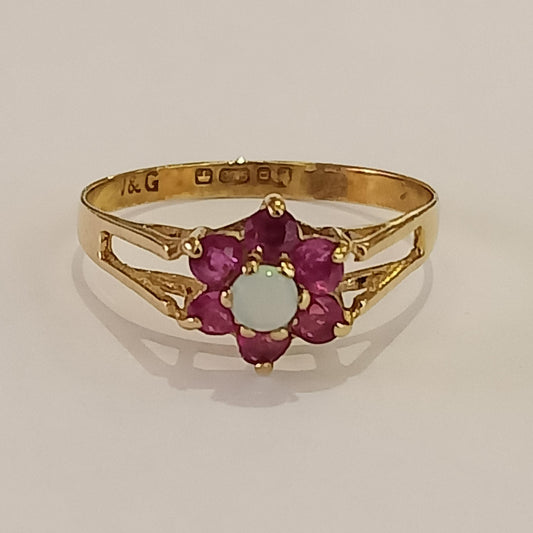 9ct Yellow Gold Ruby & Opal Set Cluster Ring Pre Loved
