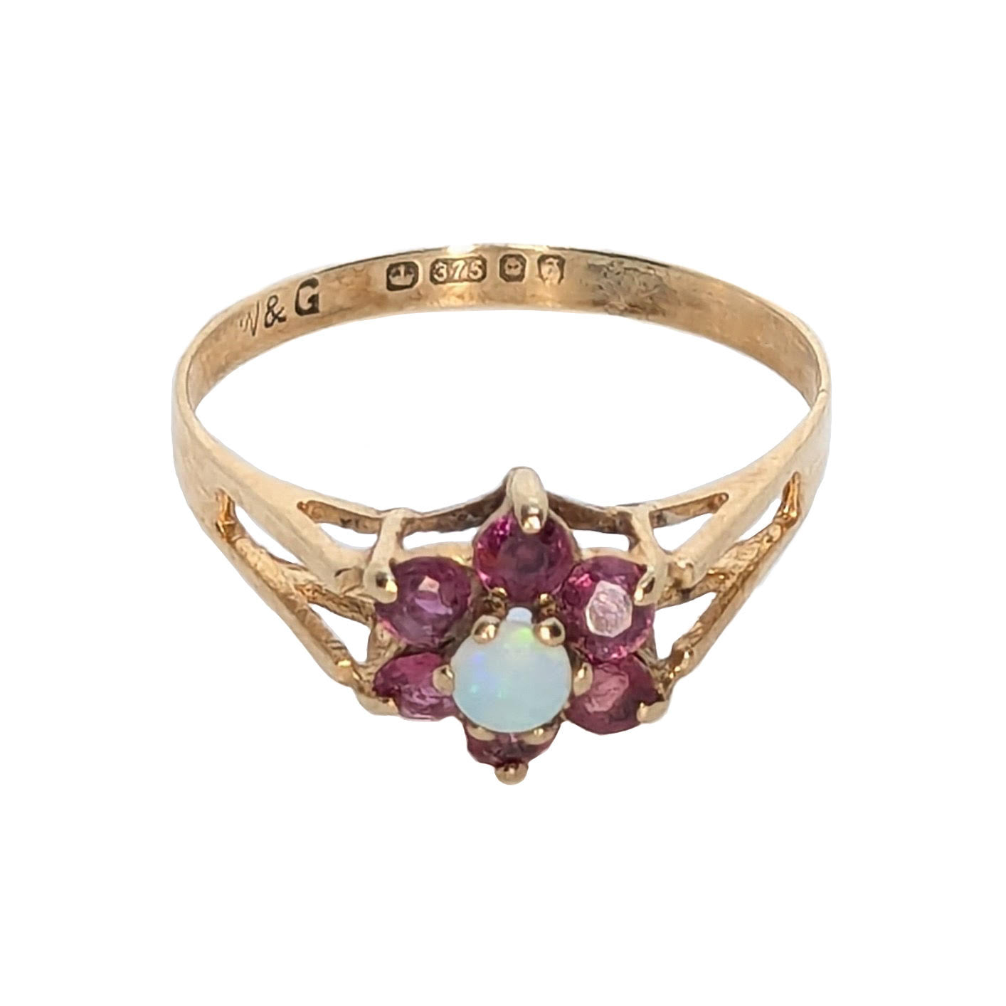 9ct Yellow Gold Ruby & Opal Set Cluster Ring Pre Loved