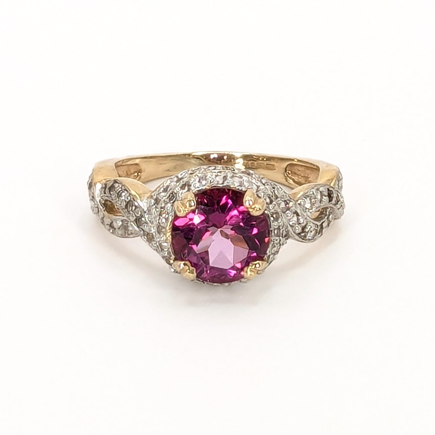 9ct Yellow Gold Pink Stone and CZ's Set Ring Pre Loved