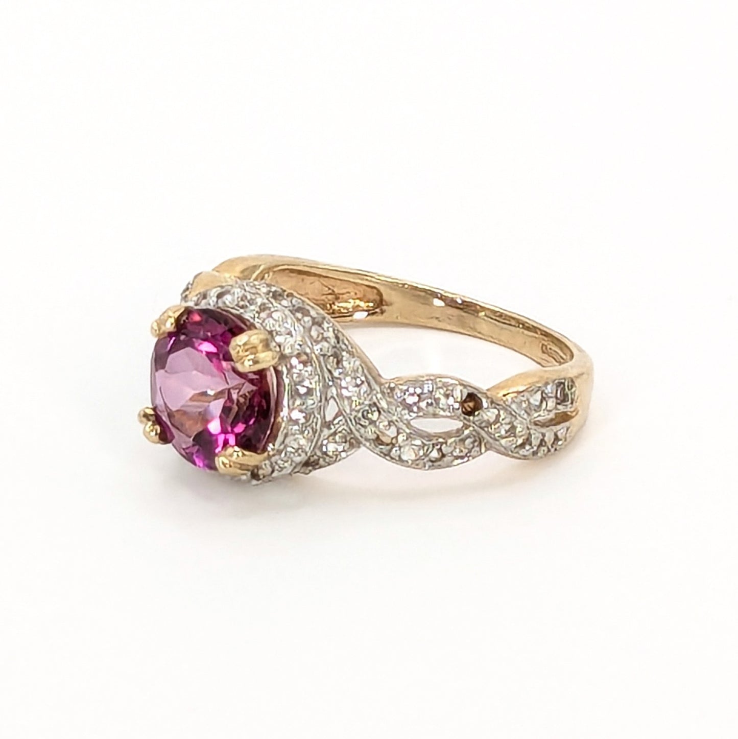 9ct Yellow Gold Pink Stone and CZ's Set Ring Pre Loved