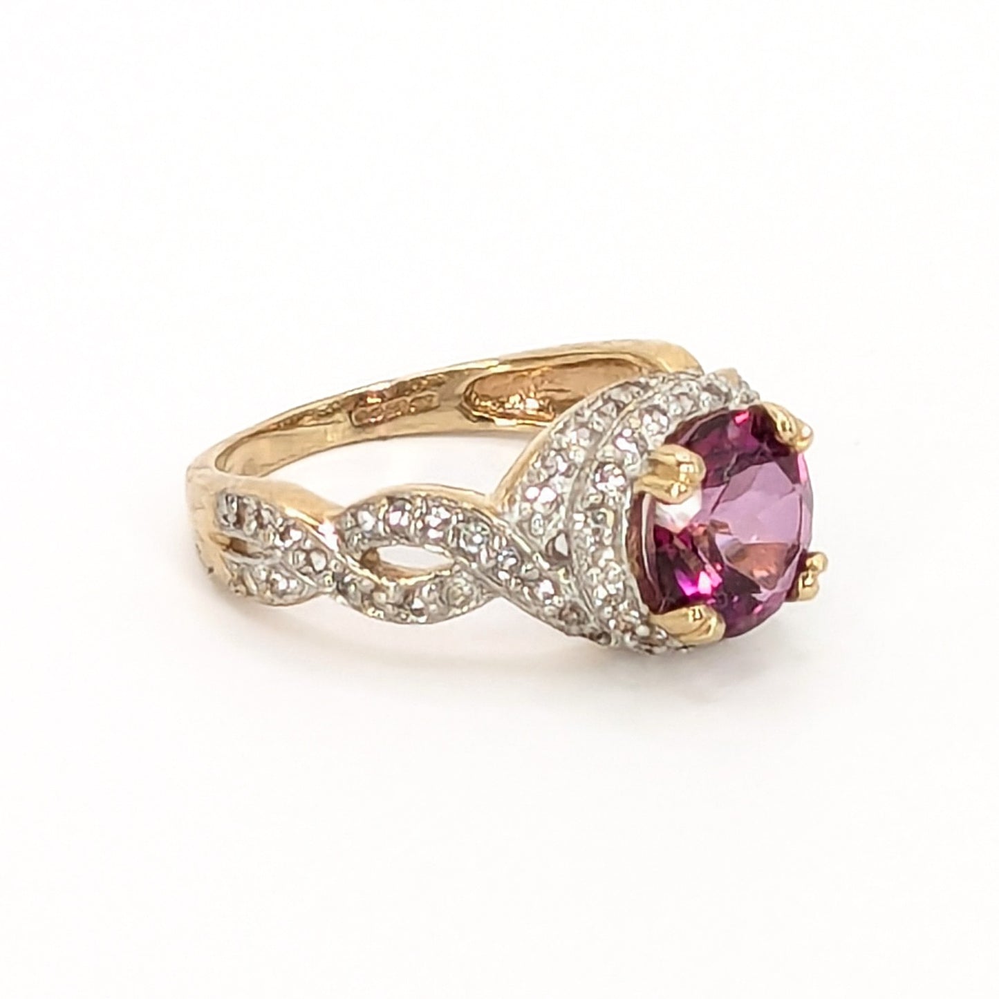 9ct Yellow Gold Pink Stone and CZ's Set Ring Pre Loved