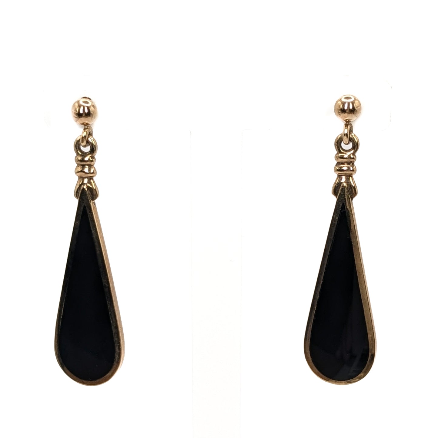 9ct Yellow Gold Black Onyx Set Drop Earrings Pre Loved