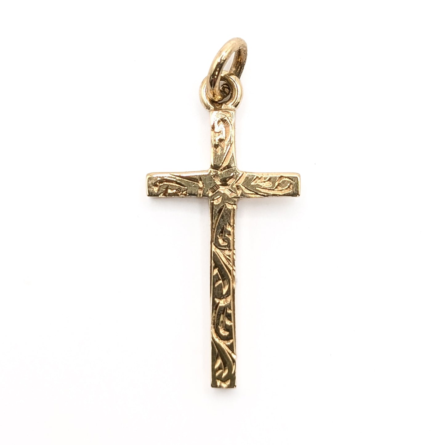 9ct Yellow Gold Engraved Patterned Cross Pendant Pre Loved