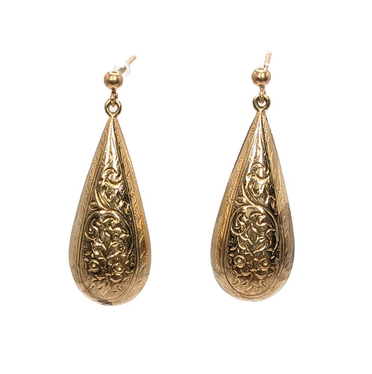 Yellow Gold Patterned Drop Earrings Pre Loved