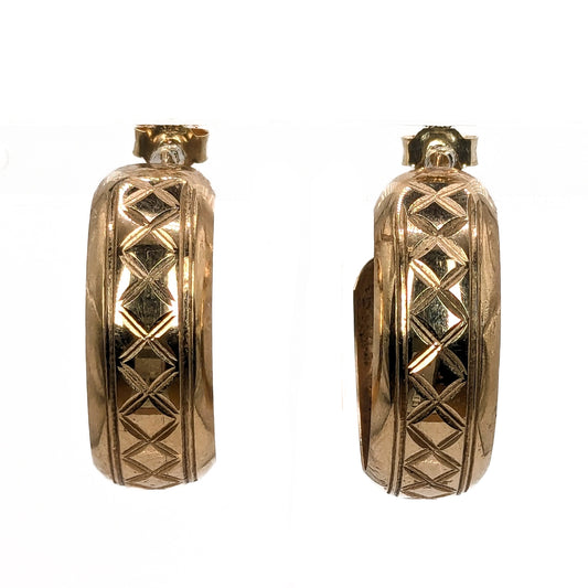 9ct Yellow Gold Patterned Half Hoop Stud Earrings Pre Loved