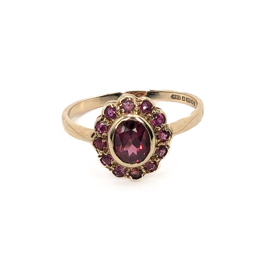 9ct Yellow Gold Ruby Set Cluster Ring Pre Loved