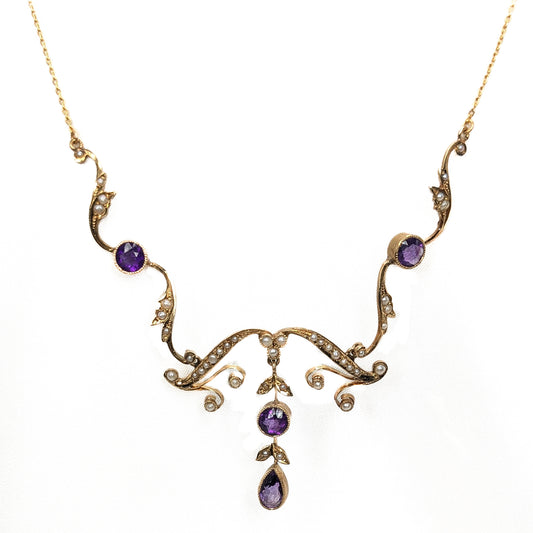 14ct Yellow Gold Amethyst and Seed Pearl Set Vintage Look Pendant And Chain Pre Loved