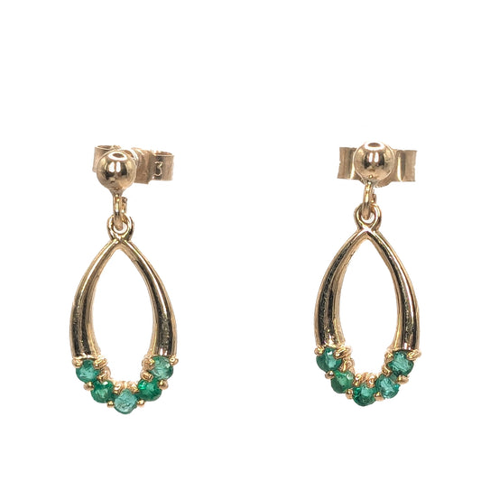 9ct Yellow Gold Emerald Set Drop Earrings Pre Loved
