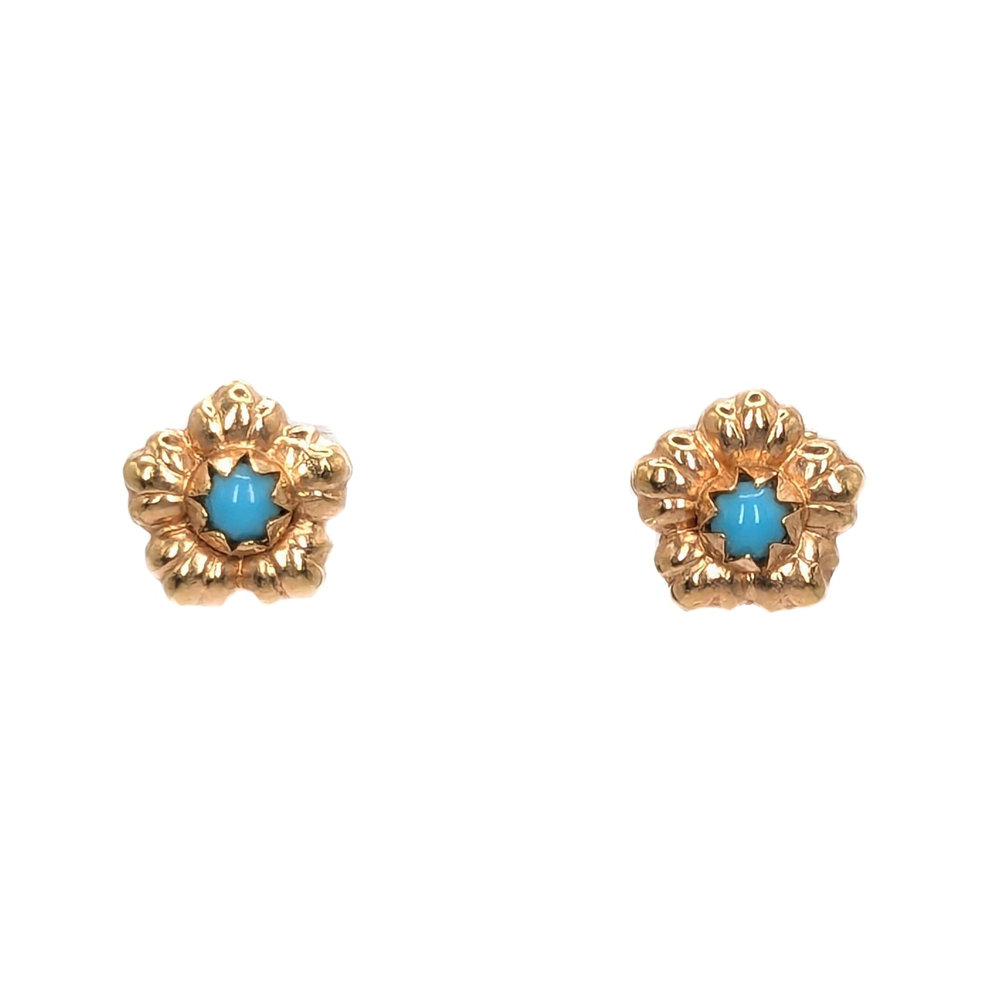 18ct Yellow Gold Turquoise Set Flower Stud Earrings Pre Loved