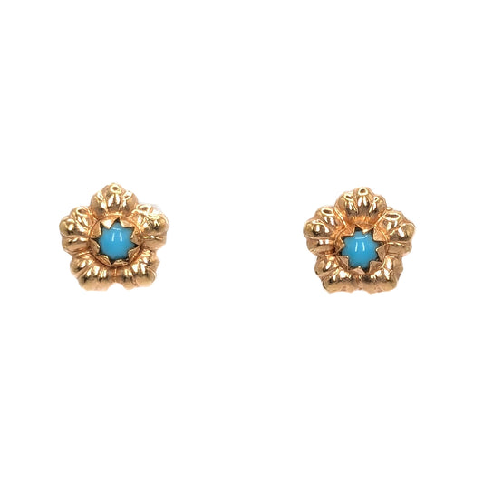 18ct Yellow Gold Turquoise Set Flower Stud Earrings Pre Loved