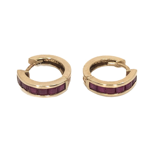 9ct Yellow Gold Rubies Set Hoop Earrings Pre Loved