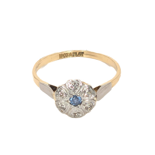 18ct Yellow Gold and Platinum Sapphire and Diamonds Cluster Ring Pre-Loved