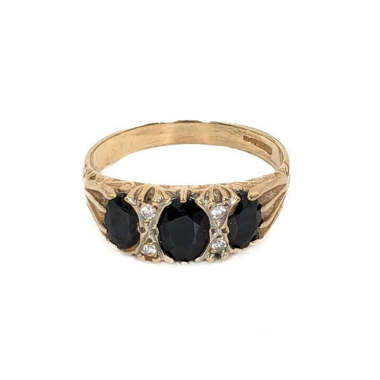 9ct Yellow Gold Black Sapphire & Diamond Ring - Pre-Loved