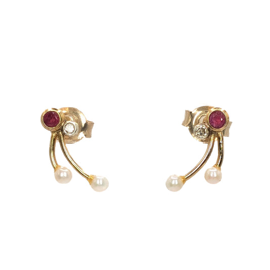 18ct Yellow Gold Ruby, Diamond and Pearl Set Earrings Pre Loved