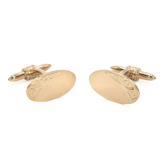 D95-CL107 9ct Yellow Gold Oval with Half Engraving Cufflinks