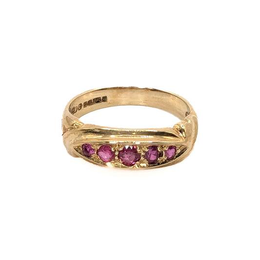9ct Yellow Gold 5 Ruby Stone Set Ring Pre-Loved