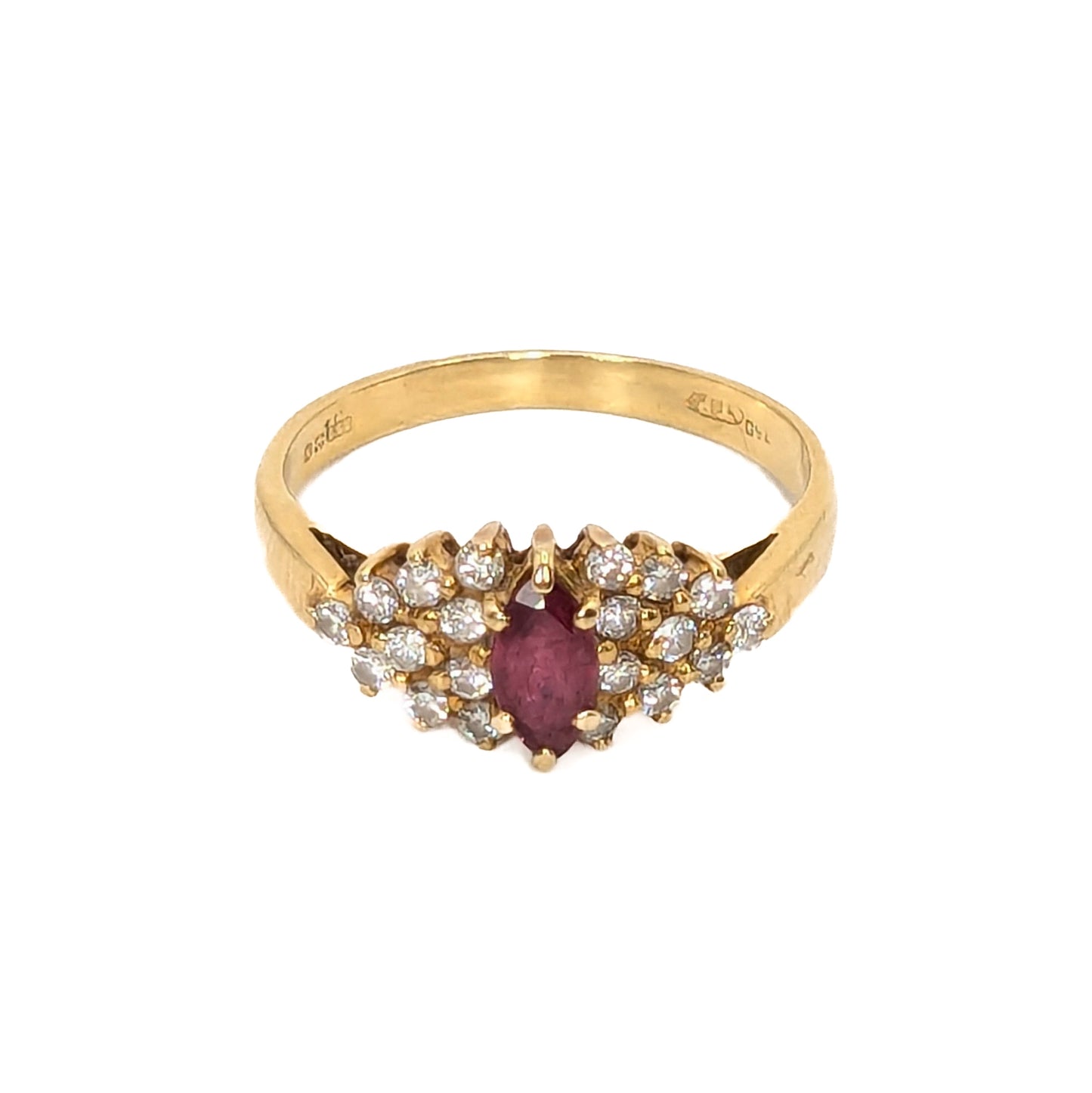 18ct Yellow Gold Ruby & Diamond Boat Ring - Pre-Loved