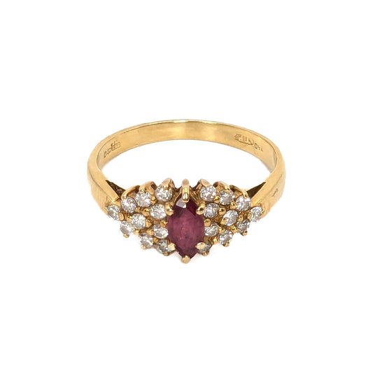 18ct Yellow Gold Ruby & Diamond Boat Ring - Pre-Loved