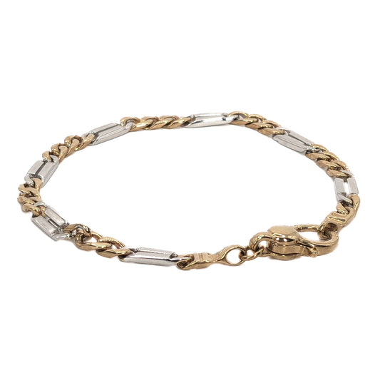 9ct Yellow & White Gold, Two-Tone, Straight Long Link Figaro Bracelet 7.5"