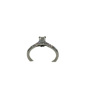 Platinum Lab Grown Emerald Cut Diamond Solitaire Ring with Lab Grown Round Brilliant Diamonds on Shoulder
