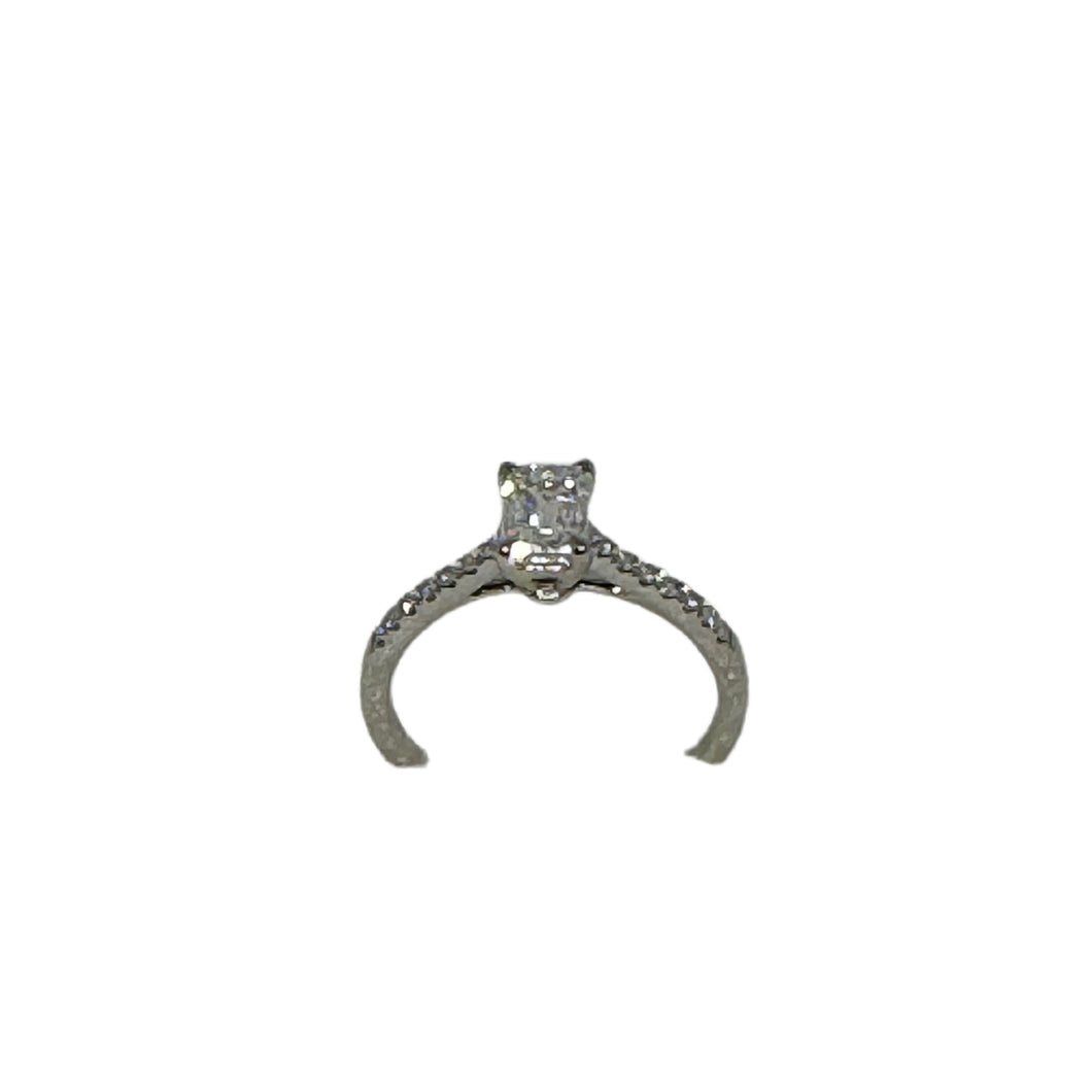 Platinum Lab Grown Emerald Cut Diamond Solitaire Ring with Lab Grown Round Brilliant Diamonds on Shoulders