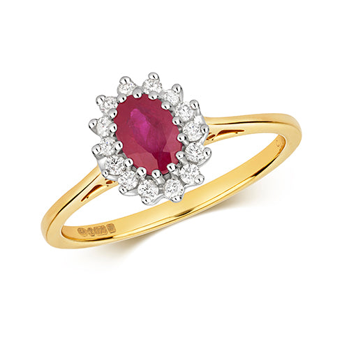 9ct Yellow Gold Ruby and Diamond Cluster Ring (Oval Cut)