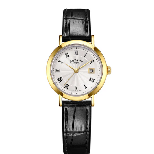 Rotary Gold Plated Stainless Steel Heritage Watch on Black Leather Strap