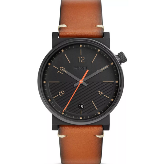 Fossil Barstow Stainless Steel Black Dial Brown Leather Strap Watch
