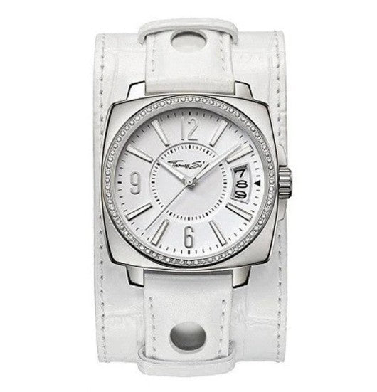 Thomas Sabo CZ Set Watch on White Leather Cuff Strap