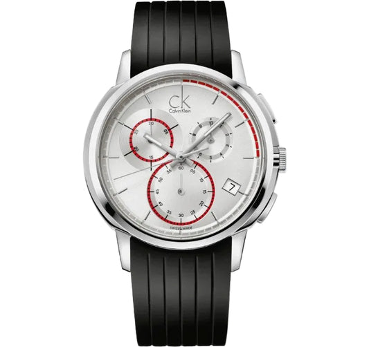 CK Calvin Klein Stainless Steel Chronograph Watch on Black Silicon Strap K1V27926